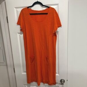 EILEEN FISHER Orange Linen Blend Crew Neck Short‎ Sleeve Dress L Flaw Pockets